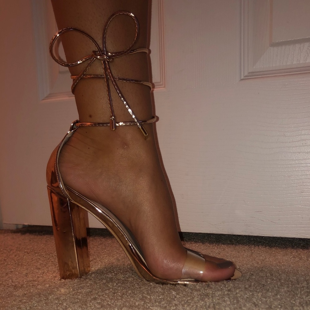 Gold Lace Up Heels with Clear Toe Strap